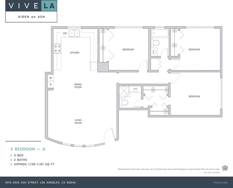 Floor plan for 3 beds, 2 baths, 1191 sqft